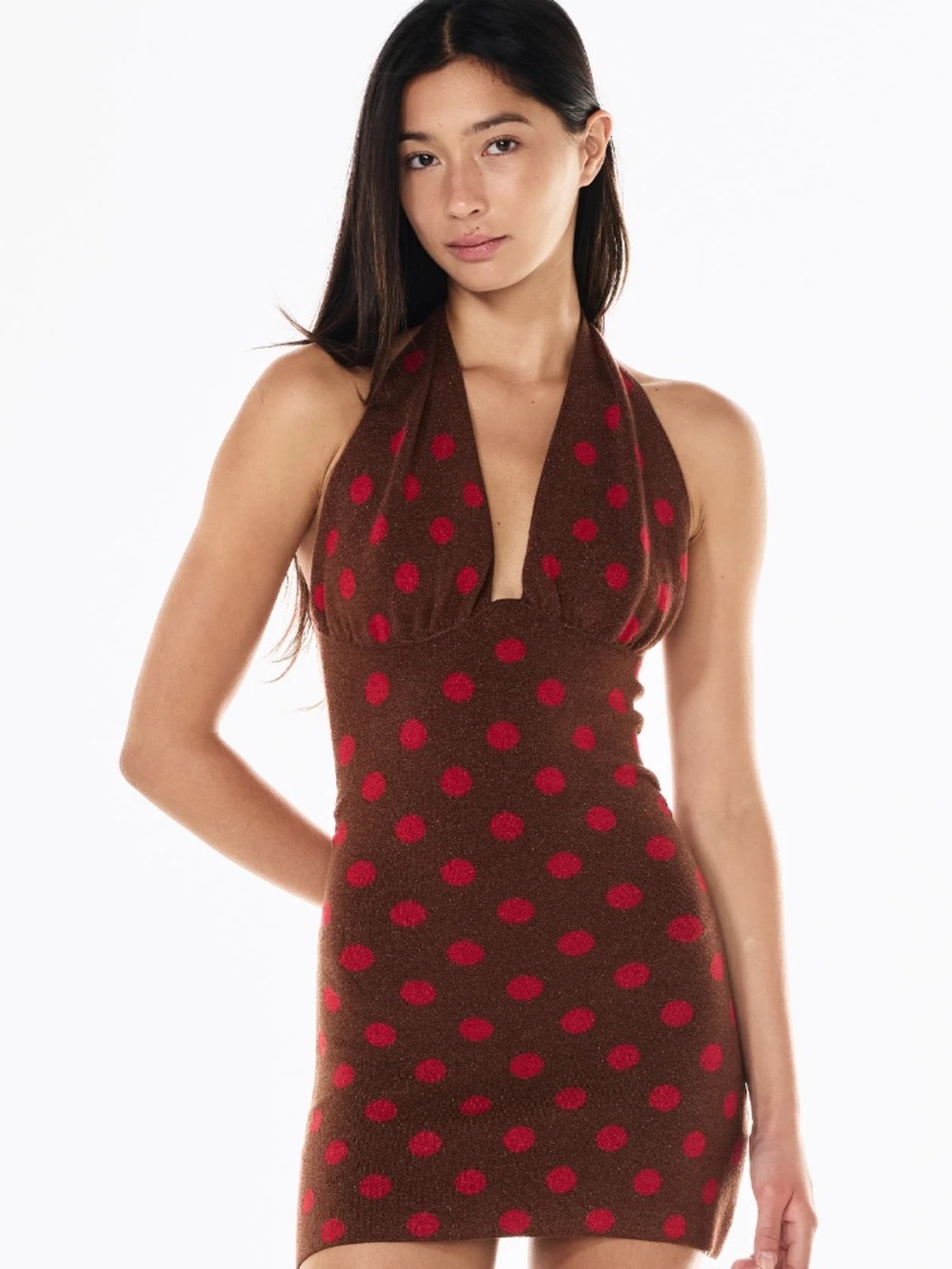 NWT LUREX KNIT HALTER DRESS MOCHA SCARLET POLKA
